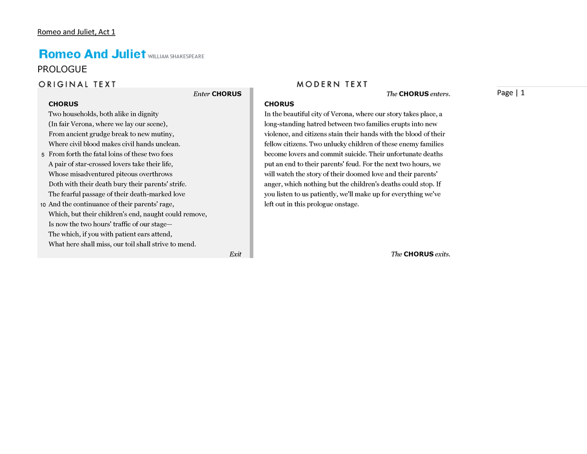 Romeo And Juliet Side By Side Translation Page 1 PROLOGUE Enter   Thumb 1200 927 