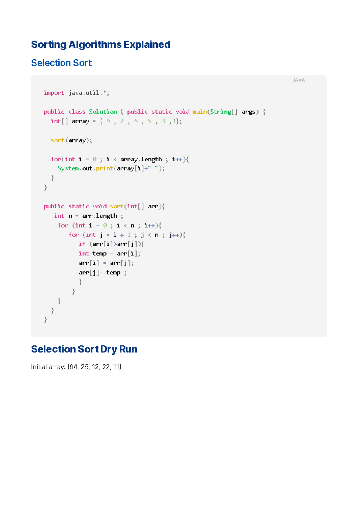Sorting Algorithms Explained - Initial array: 64, 25, 12, 22, 11 ...