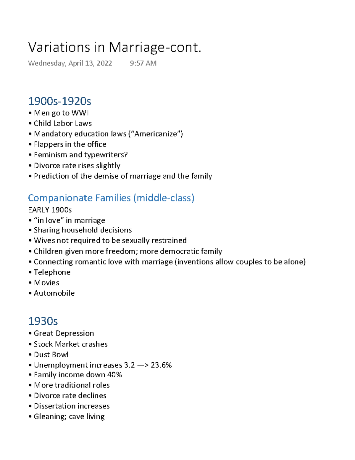 Variations in Marriage-cont - 1900s-1920s Men go to WWI Child Labor ...