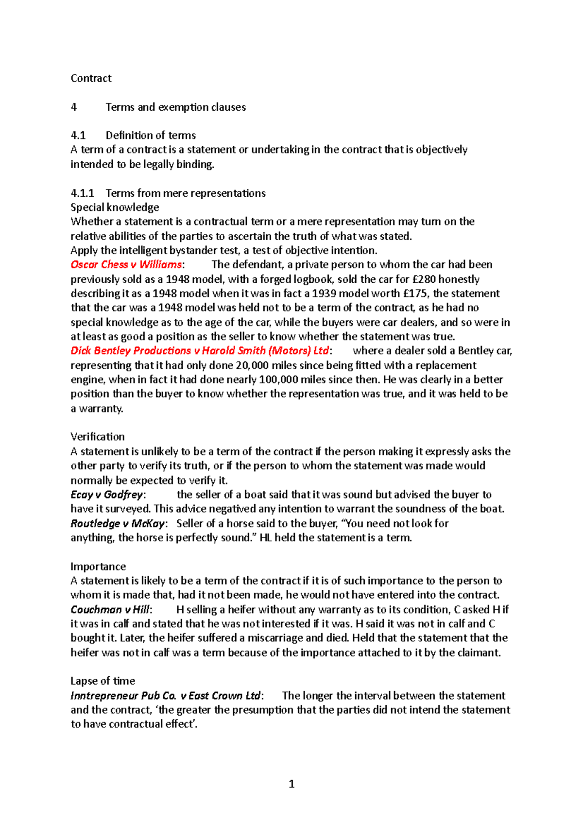 Contract notes terms - Contract 4 Terms and exemption clauses 4 ...