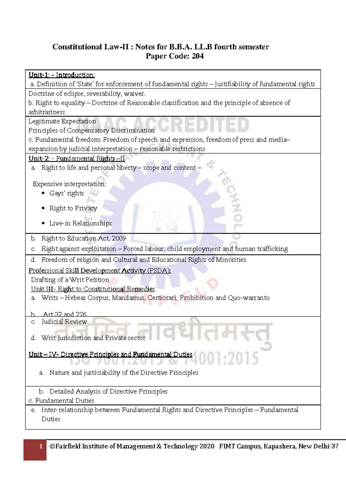 Constituional Law FIMT - Constitutional Law-II : Notes For B.B. LL ...