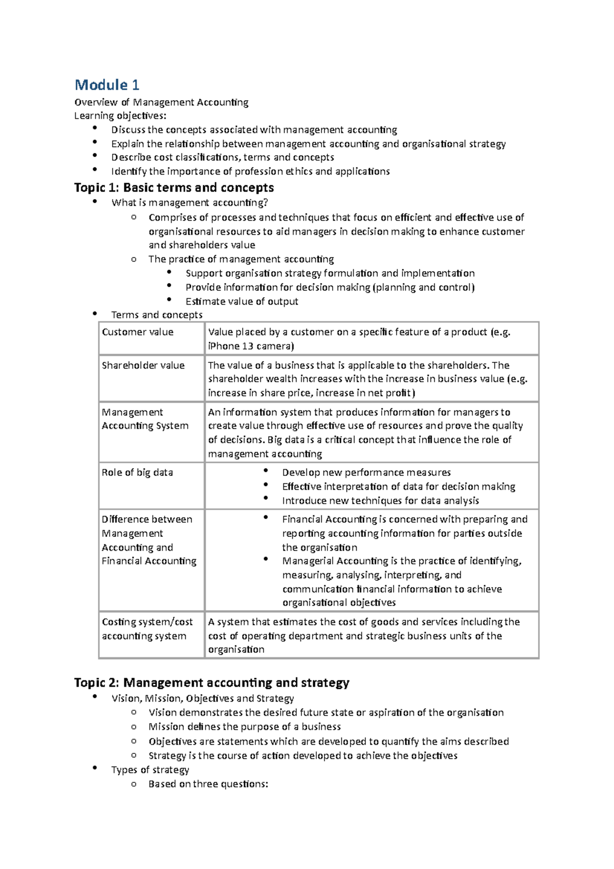 Module 1 - Overview of management accounting and strategy - Module 1 ...