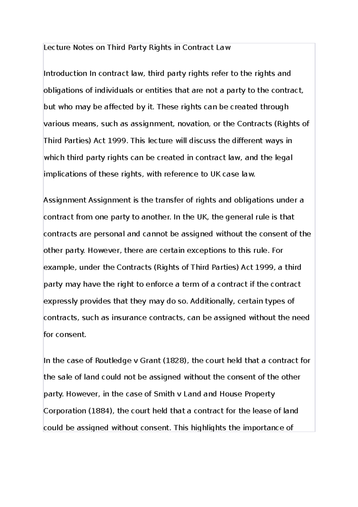 Third Party Rights Lecture Notes On Third Party Rights In 