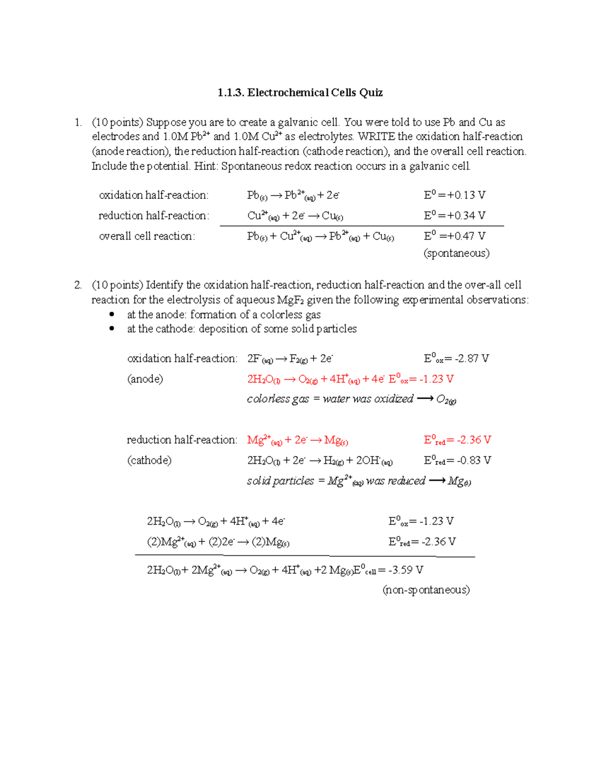 Electrochemical Cells Quiz - 1.1. Electrochemical Cells Quiz (10 points ...