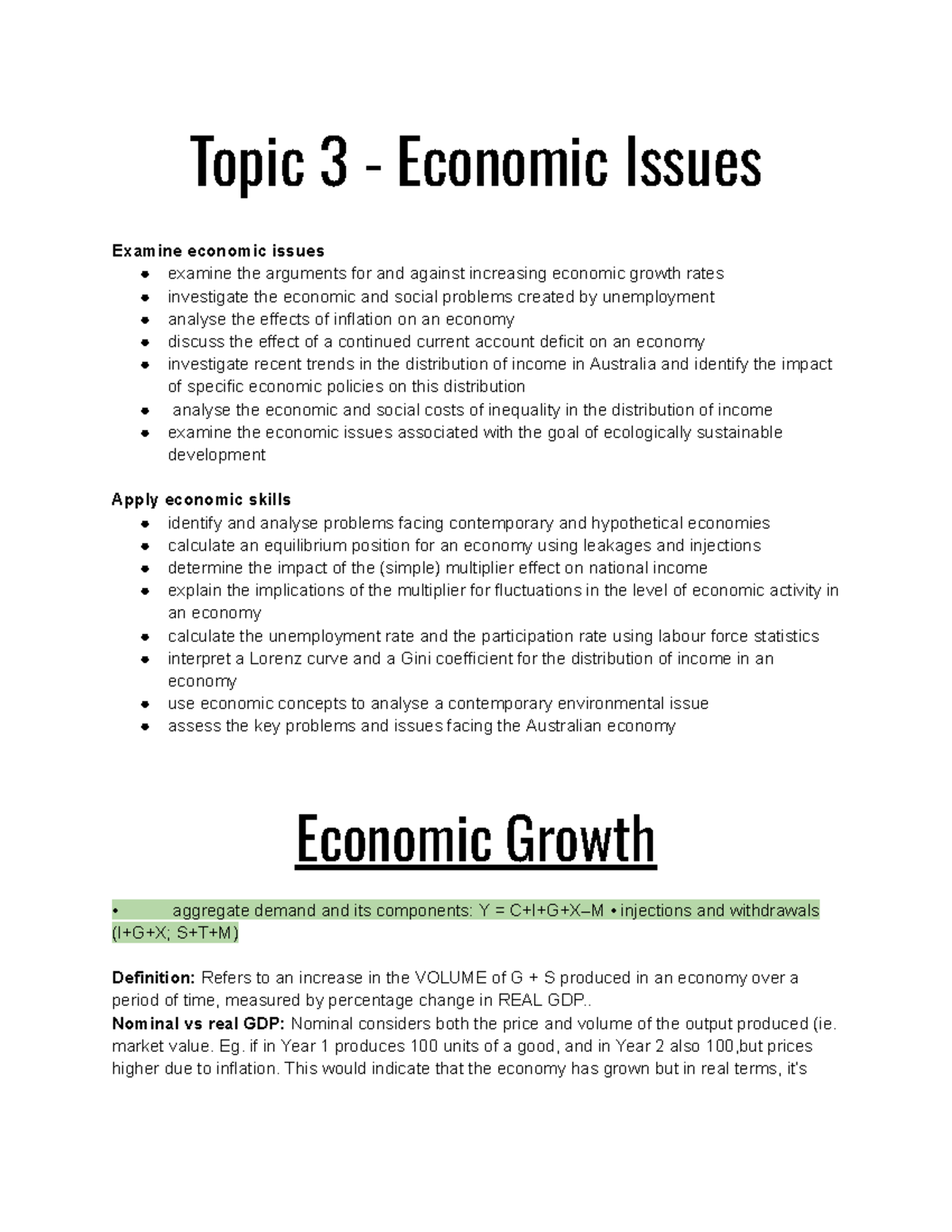Topic 3 Economics Notes - Topic 3 - Economic Issues Examine economic ...
