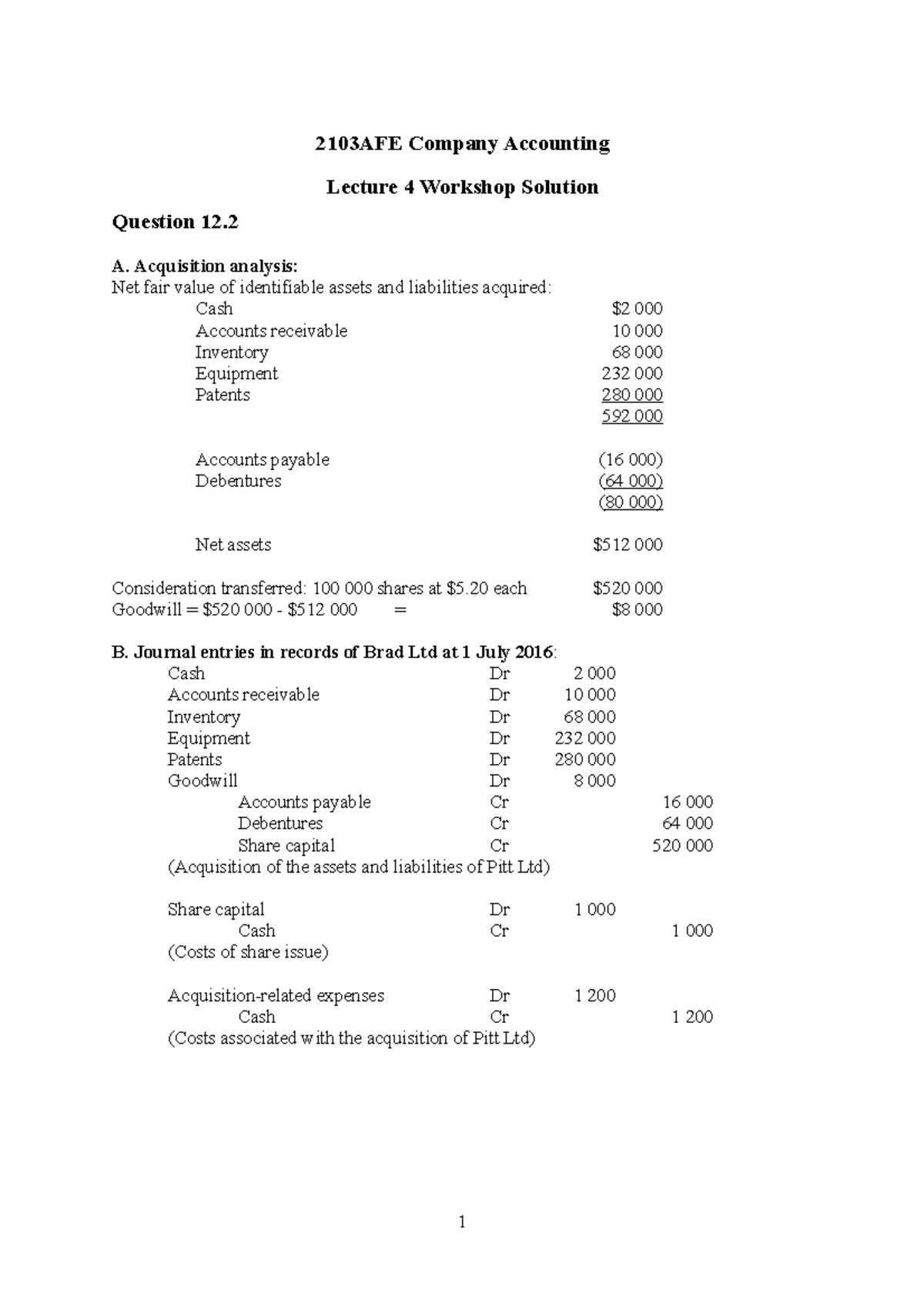 Practical - Lecture 4 Workshop solution - 2103AFE Company Accounting ...