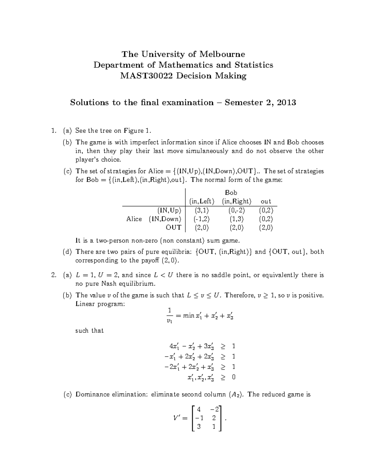 Exam 13 Answers Semester 2 The University Of Melbourne Department Of Studocu