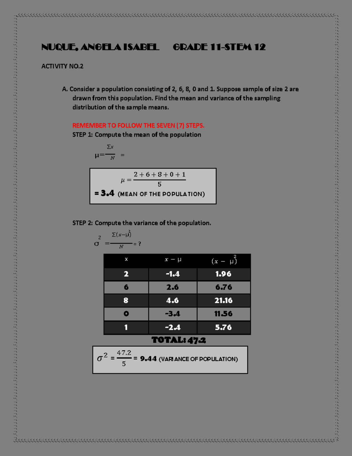 STATISTICS AND PROBABILITY MEAN AND VARIANCE OF THE SAMPLING - NUQUE ...