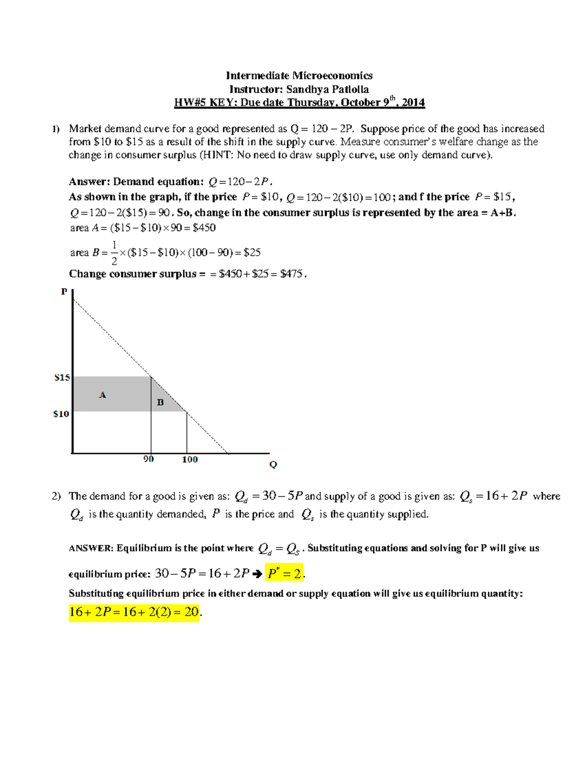 ECON 301 Fall 2014 HW5 KEY - Intermediate Microeconomics Instructor ...