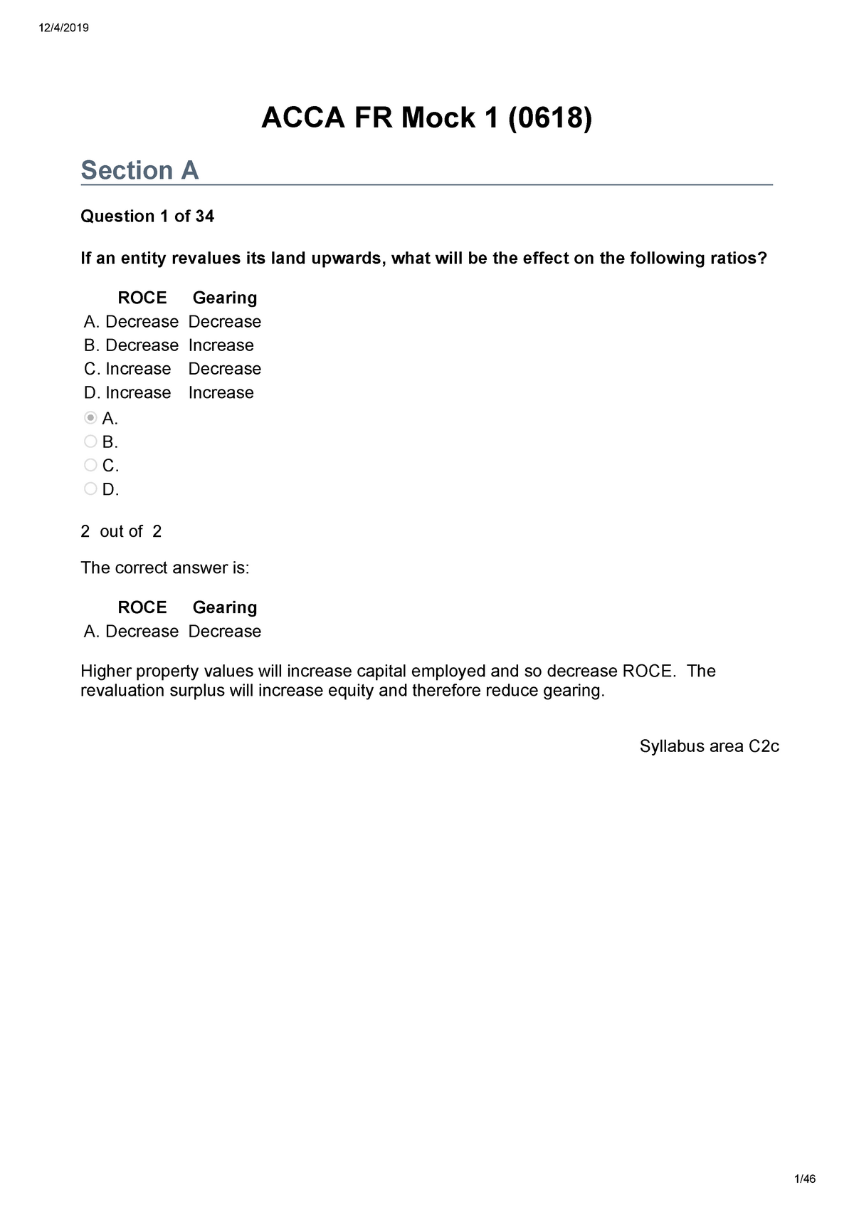 BPP Mock 1 Answers - ACCA FR Mock 1 (0618) Section A Question 1 Of 34 ...