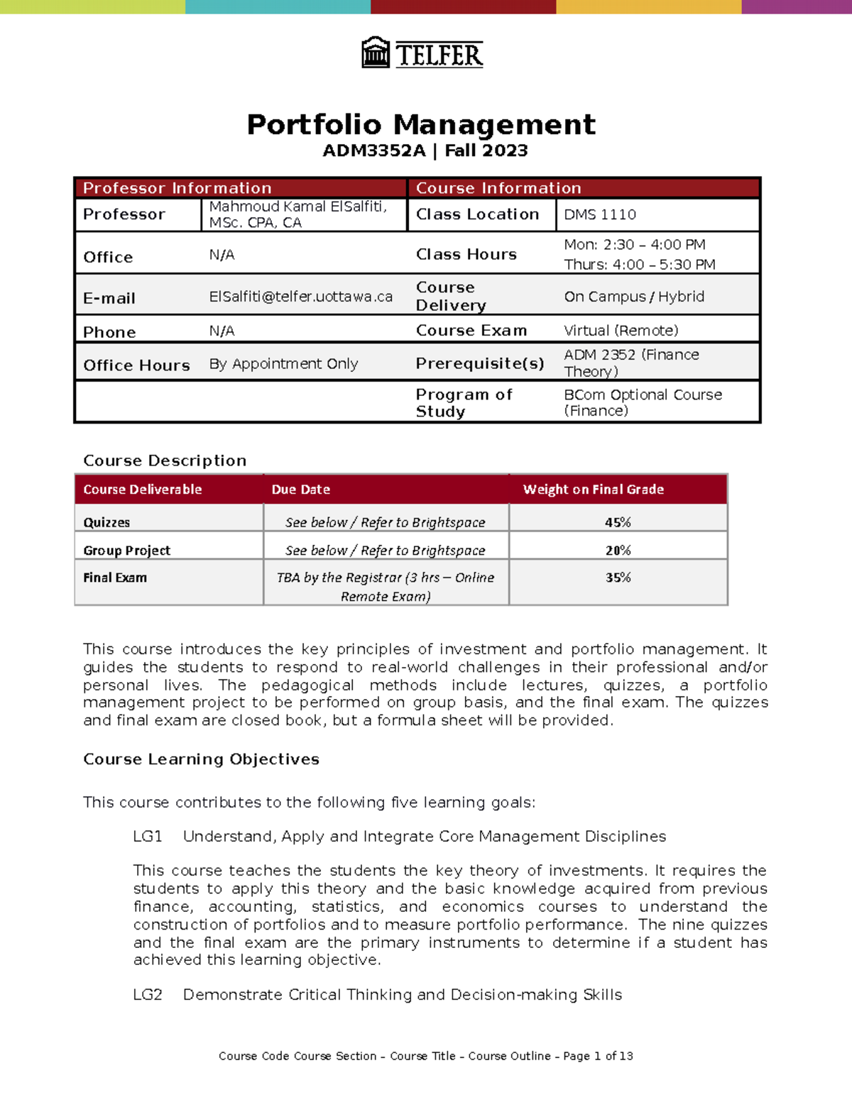 ADM3352 A Fall 2023 Course Outline - Portfolio Management ADM3352A ...