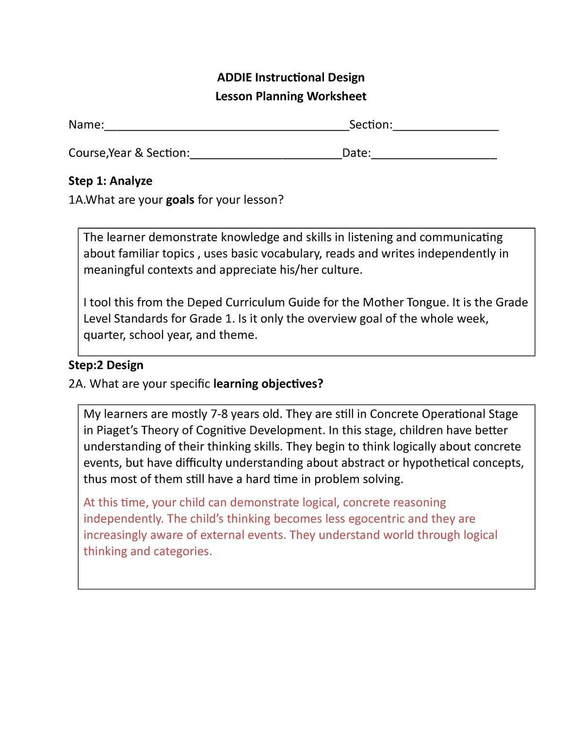 Addie Instructional Design Lesson Planning Worksheet ADDIE