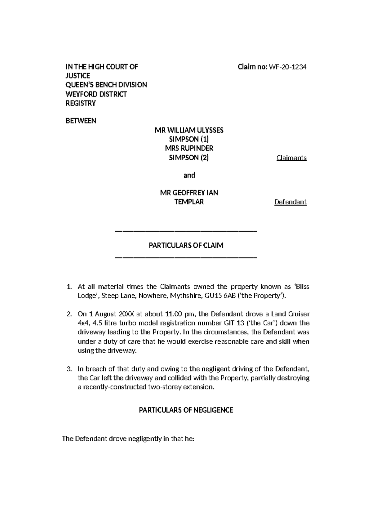 Particulars of claim - IN THE HIGH COURT OF JUSTICE QUEEN’S BENCH ...
