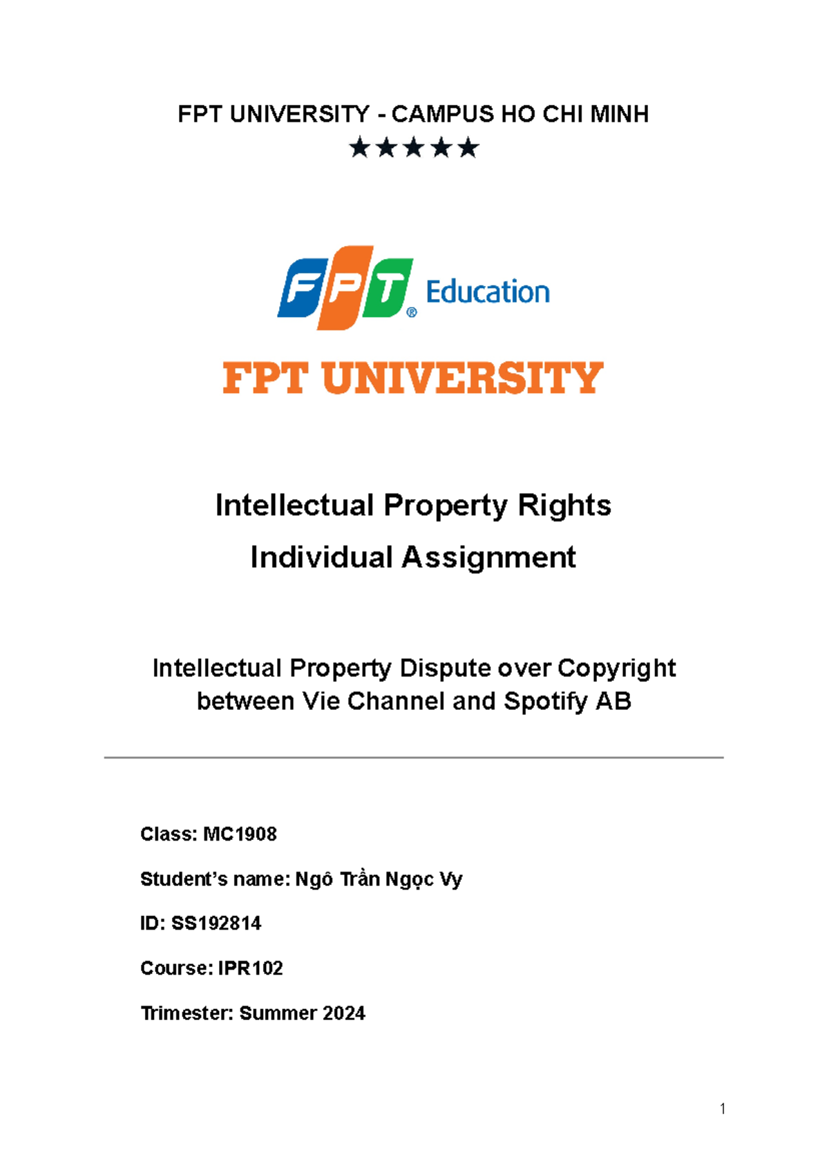 IPR Individual Assignment - FPT UNIVERSITY - CAMPUS HO CHI MINH ...