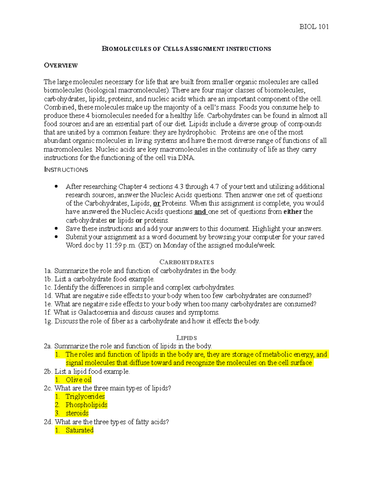 Biomolecules of Cells Assignment Instructions - BIOL 101 BIOMOLECULES ...