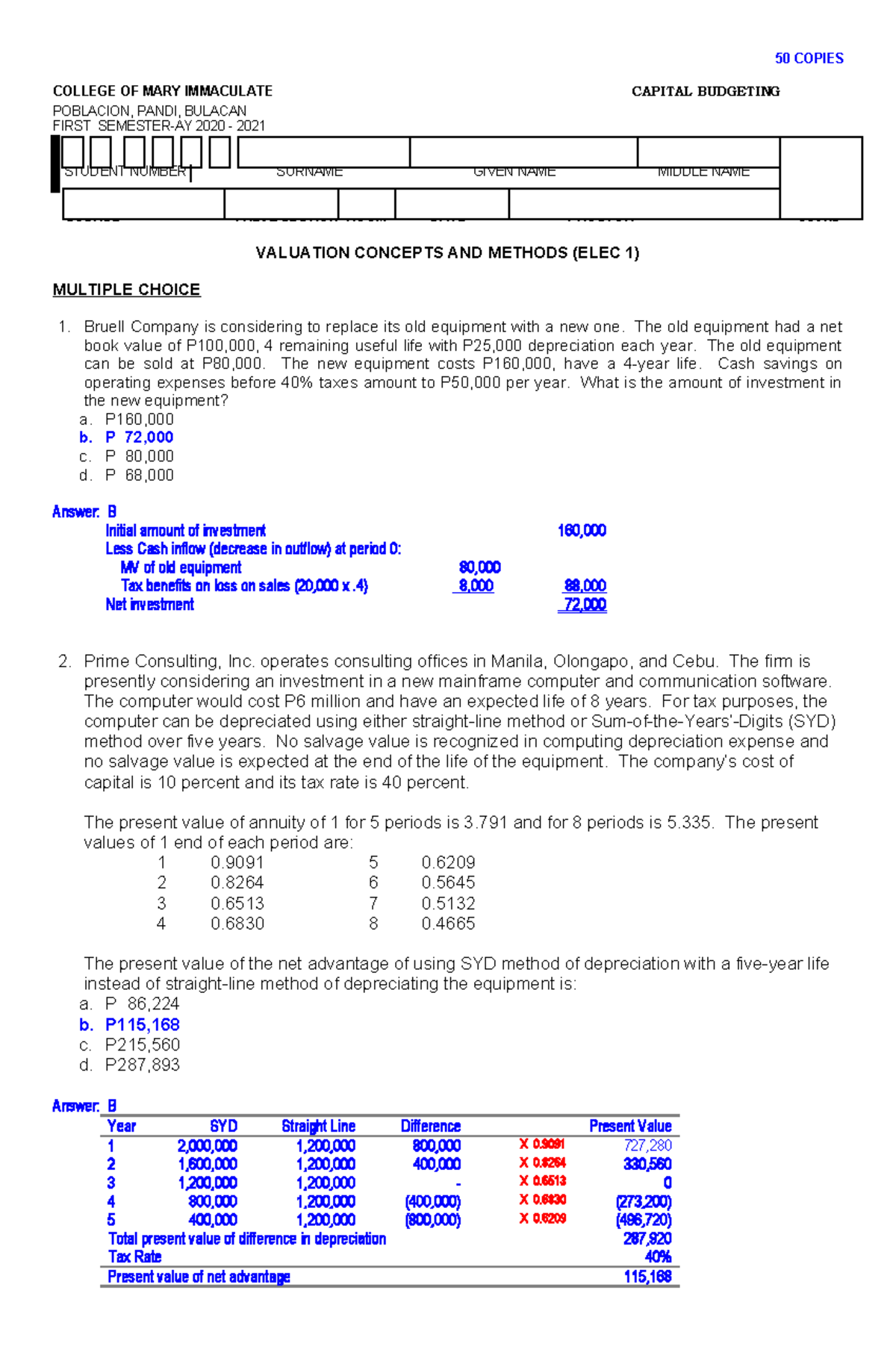 Toaz - Capital budgeting exercises - 50 COPIES COLLEGE OF MARY