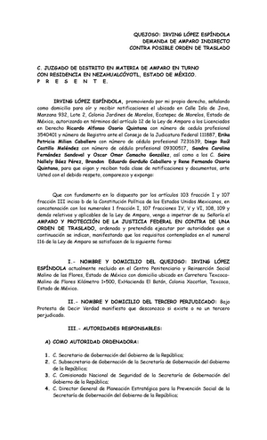 Amparo vs orden de traslado texcoco - QUEJOSO: IRVING DEMANDA DE AMPARO  INDIRECTO CONTRA POSIBLE - Studocu