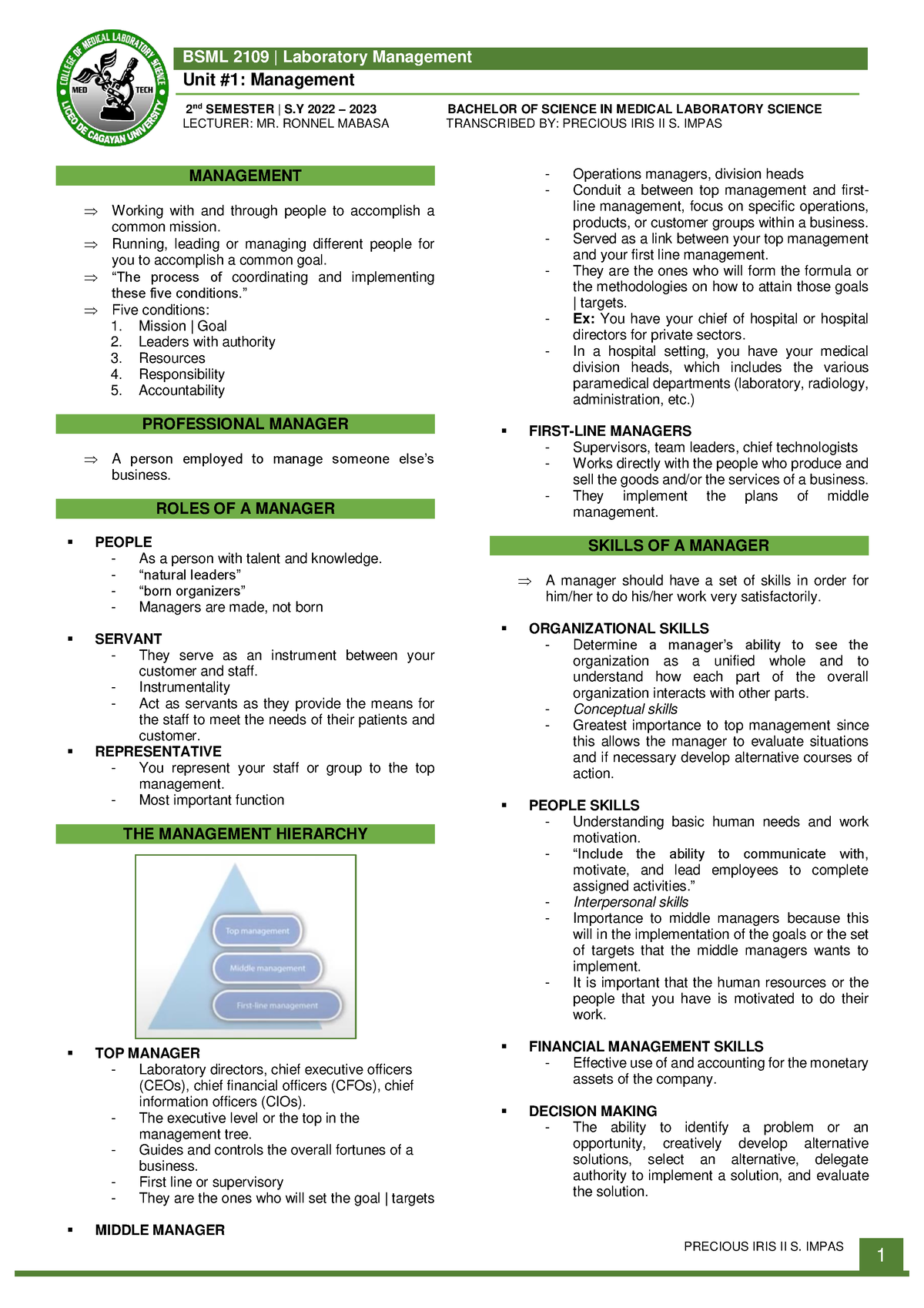 Lab Man Management Transes - Unit #1: Management 2 nd SEMESTER | S 2022 ...