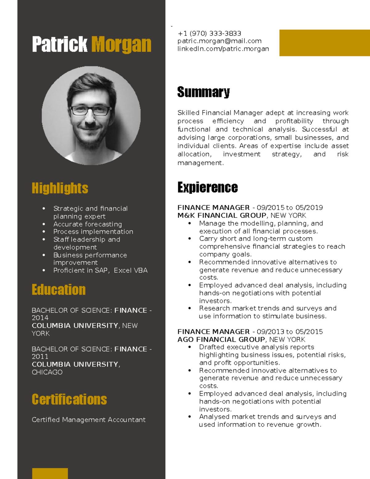 CV Template 0017 - notes - Patrick Morgan +1 (970) 333- patric@mail ...