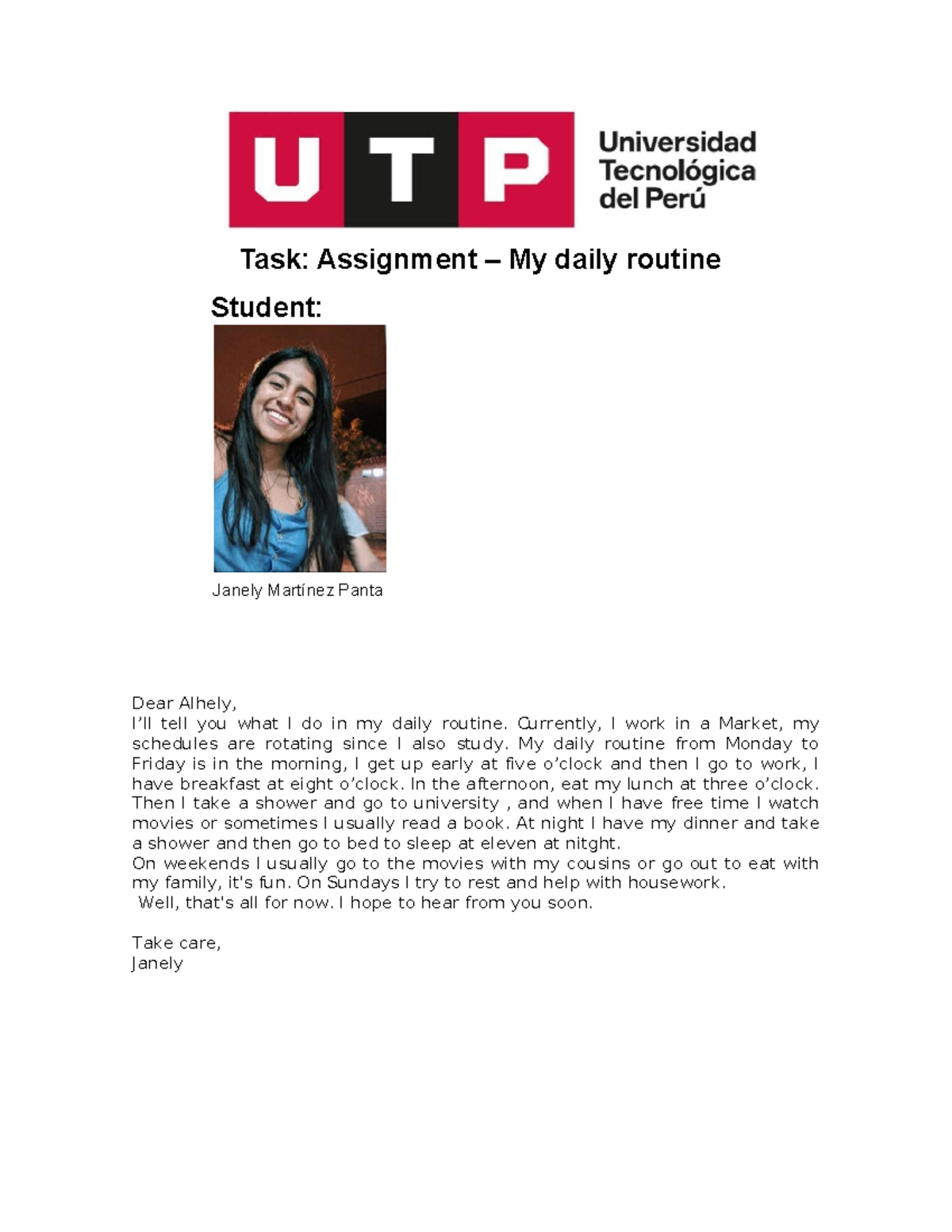 Week2 My daily routine - Task: Assignment – My daily routine Student ...