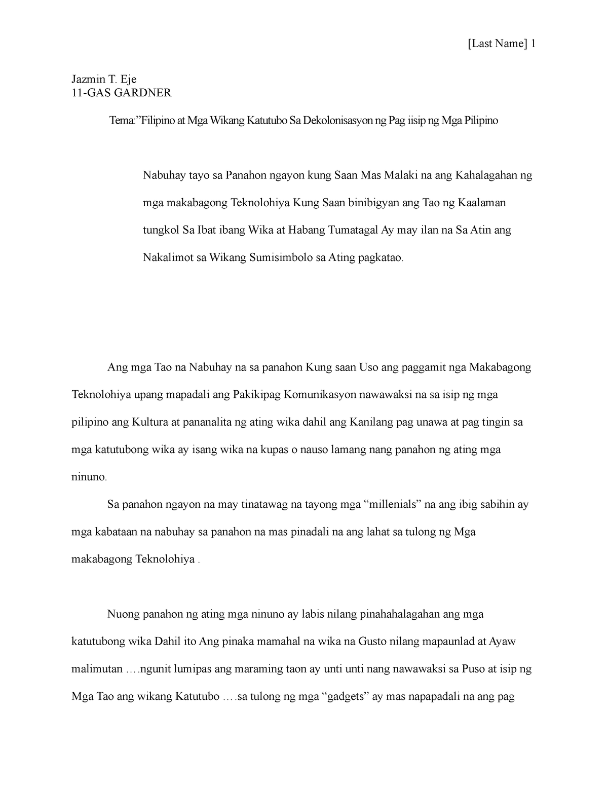 Essay Writing Buwan Ng Wika Last Name 1 Jazmin T Eje 11 Gas Gardner Tema”filipino At Mga 8340