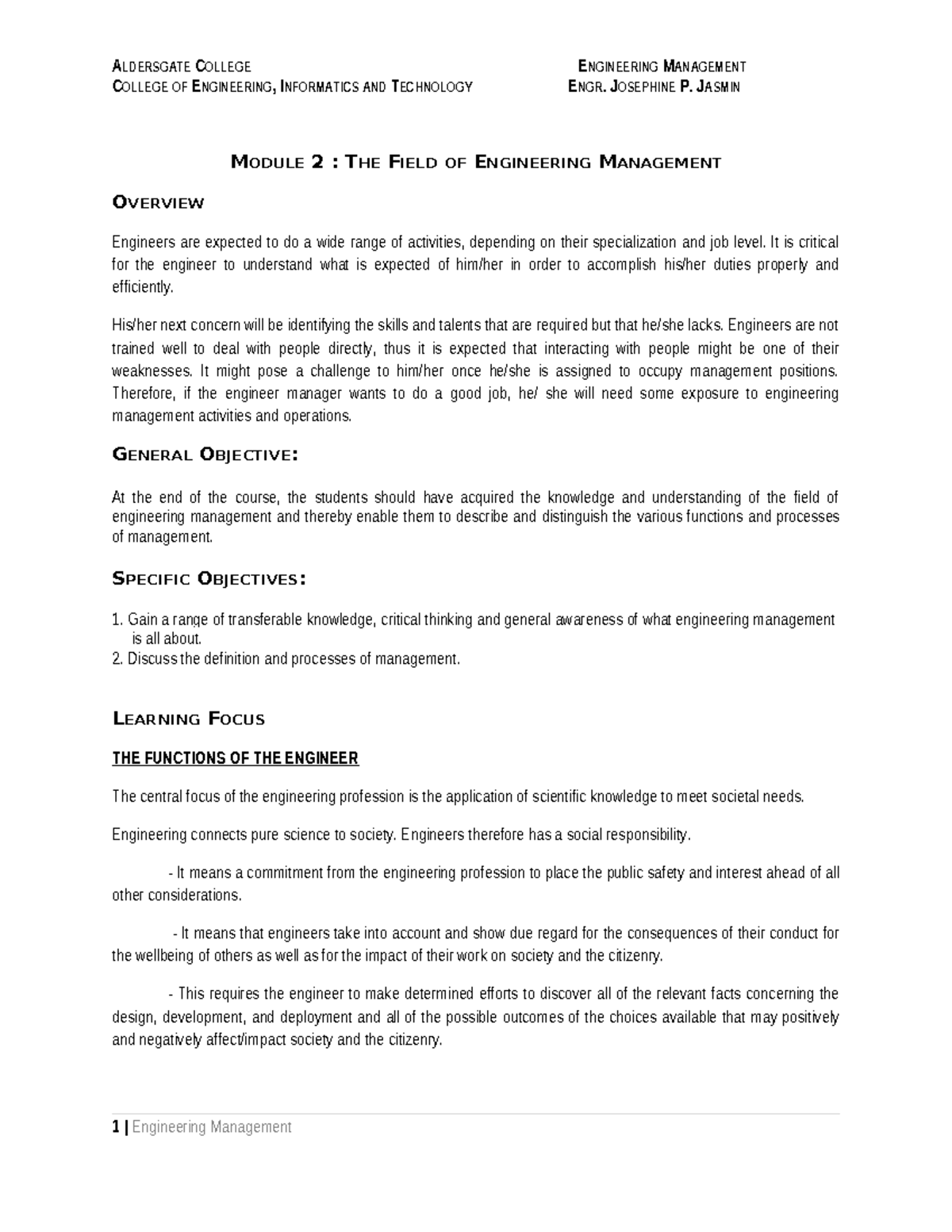 Module 2 The Field of Engineering Management - COLLEGE OF ENGINEERING ...