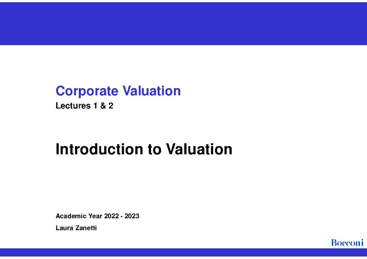 Business Valuation - Lectures 1 2 - Introduction - V1 - Corporate ...