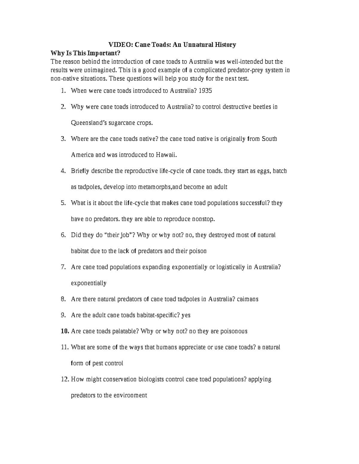 Cane Toad Questions practical work VIDEO Cane Toads An Unnatural History Why Is This Studocu