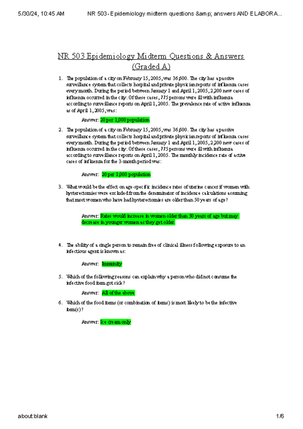 NR 503- Epidemiology Midterm Questions & Answers AND Elaborations - NR ...