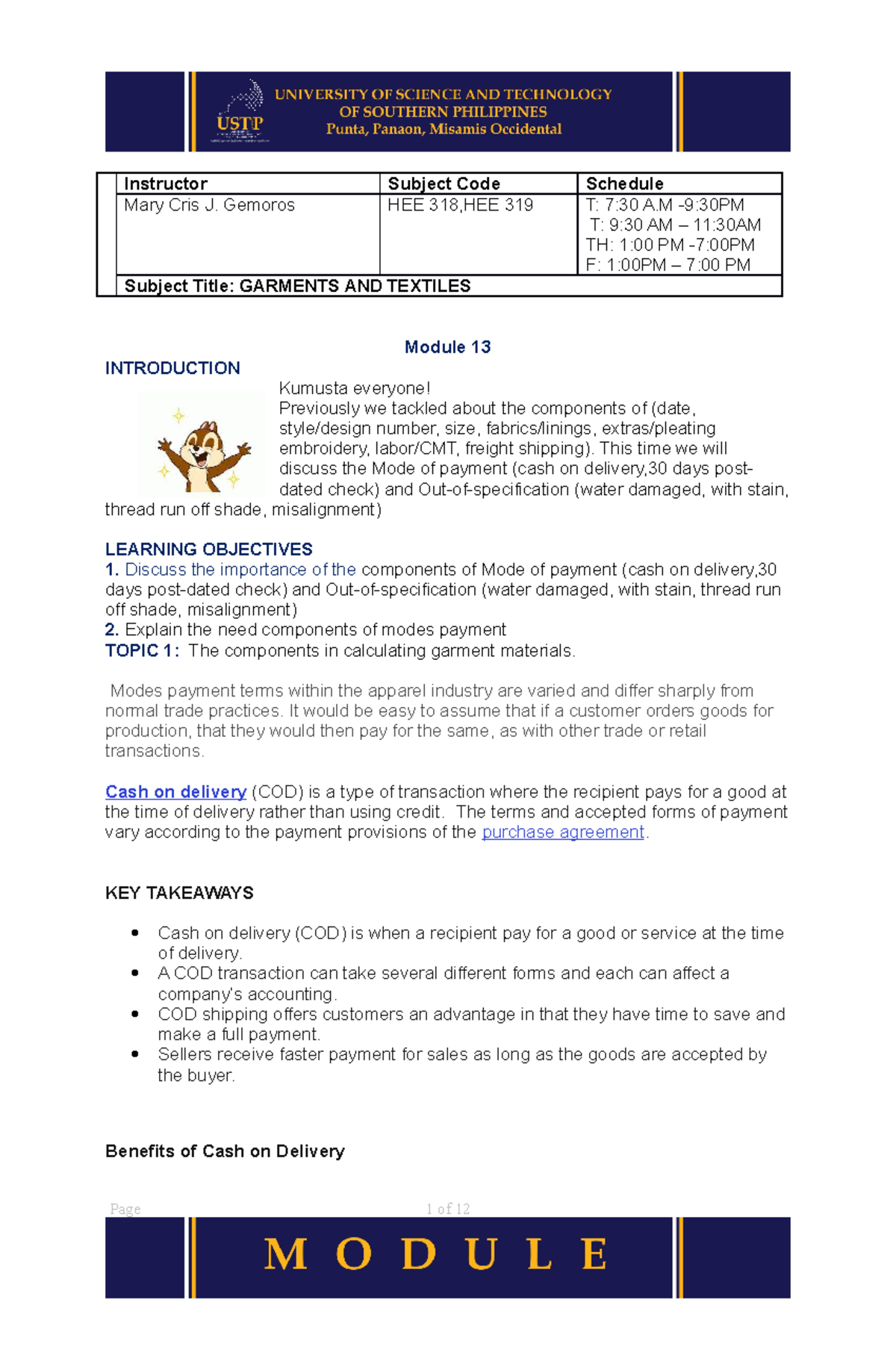Module 12 garments and textile - Instructor Subject Code Schedule Mary ...