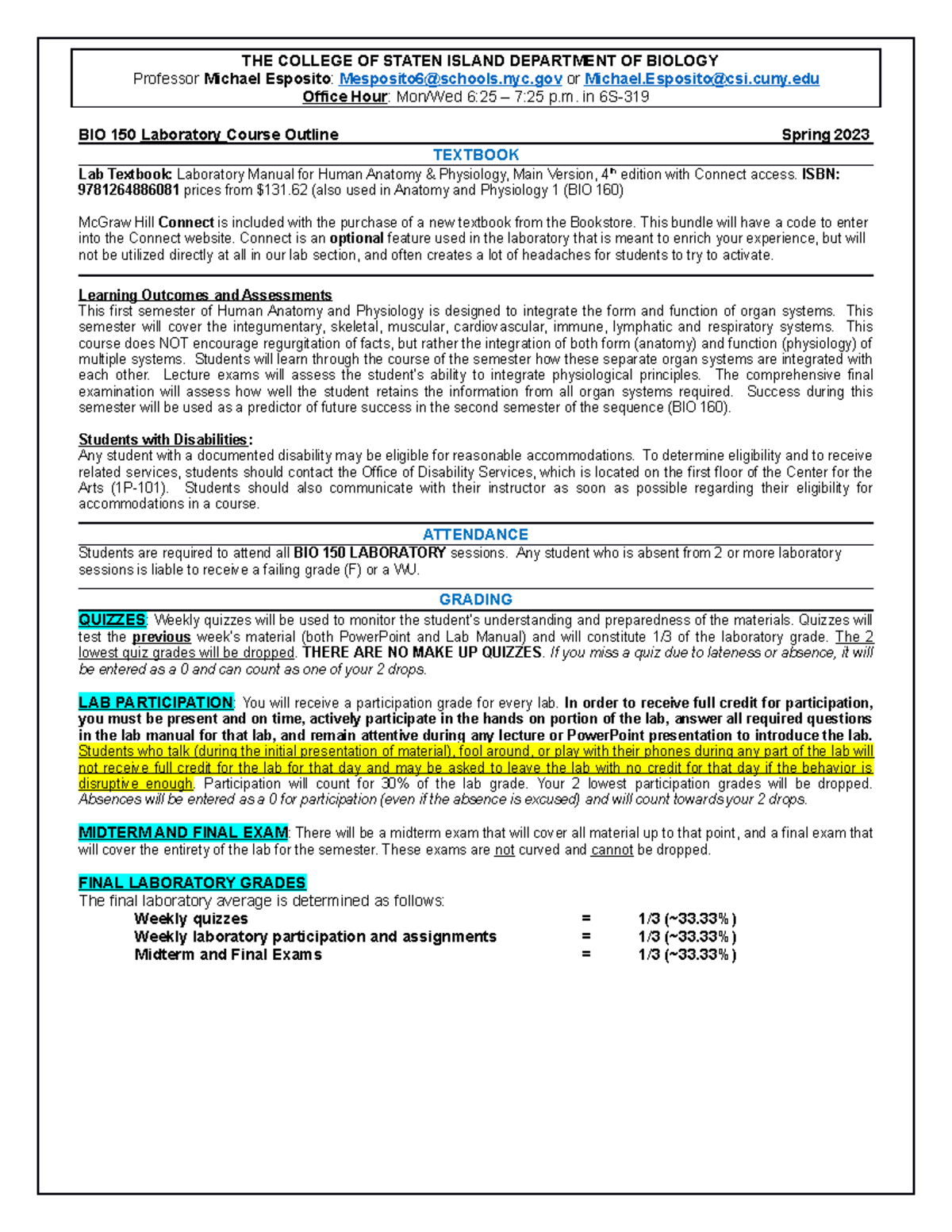 Bio 150 Lab Spring 2023 WED - THE COLLEGE OF STATEN ISLAND DEPARTMENT ...