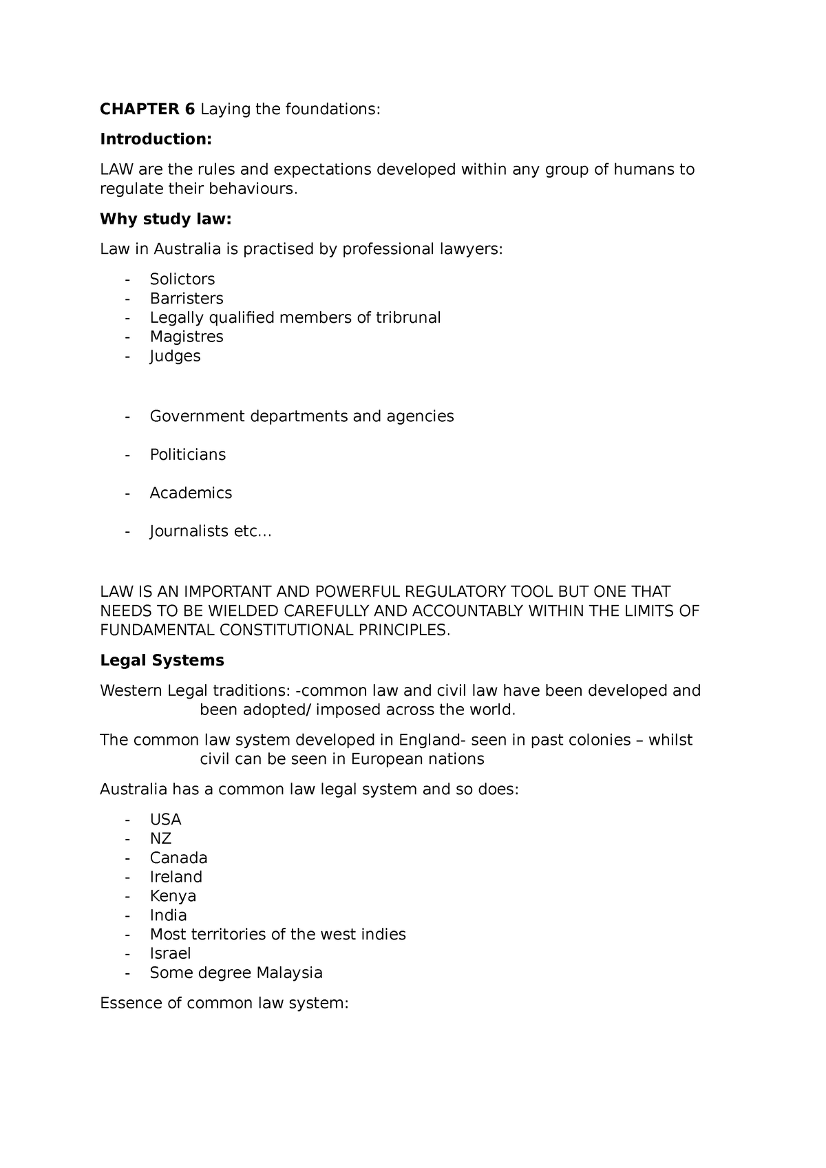 Summary Reading 6 - CHAPTER 6 Laying the foundations: Introduction: LAW ...