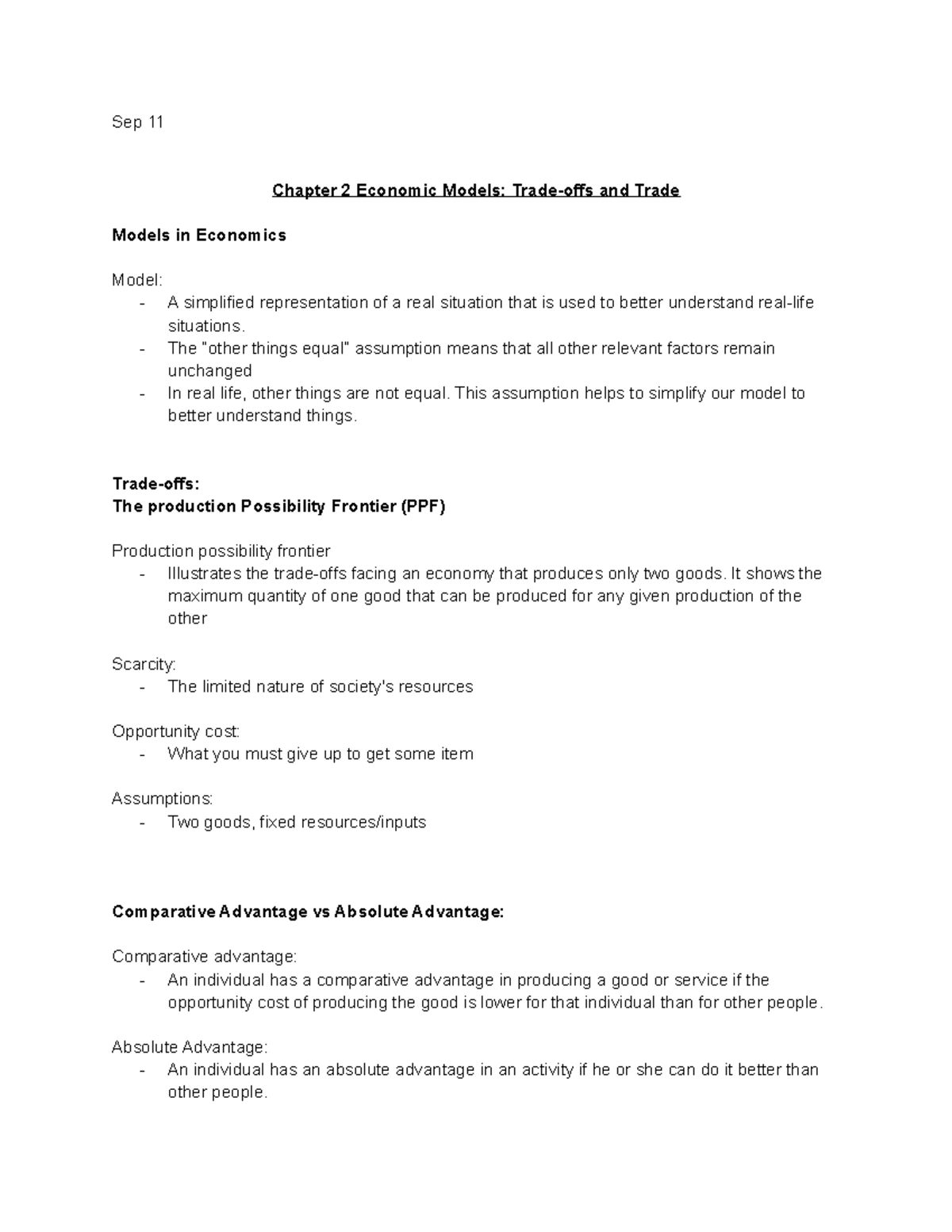 ECN104 - Day 1 - Chp 2 Notes - Sep 11 Chapter 2 Economic Models: Trade ...