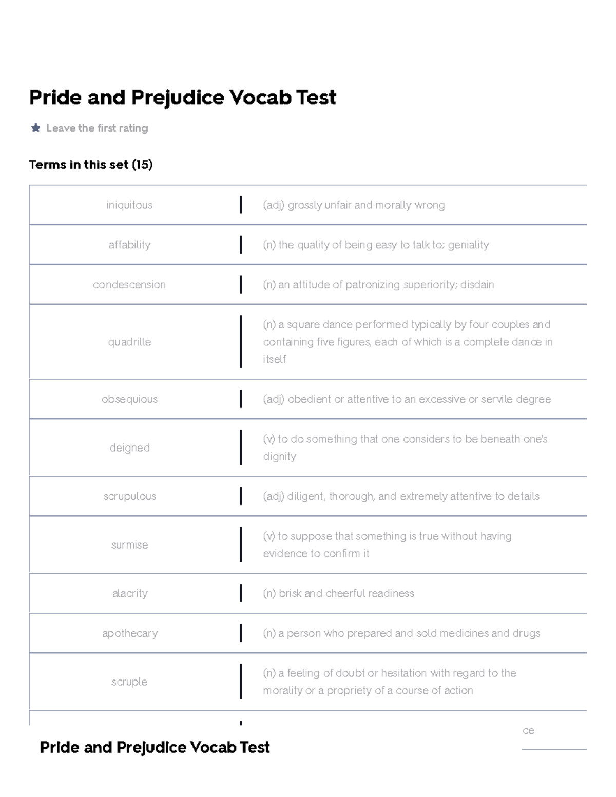 Pride And Prejudice Vocab Test Flashcards Quizlet - Pride And Prejudice ...