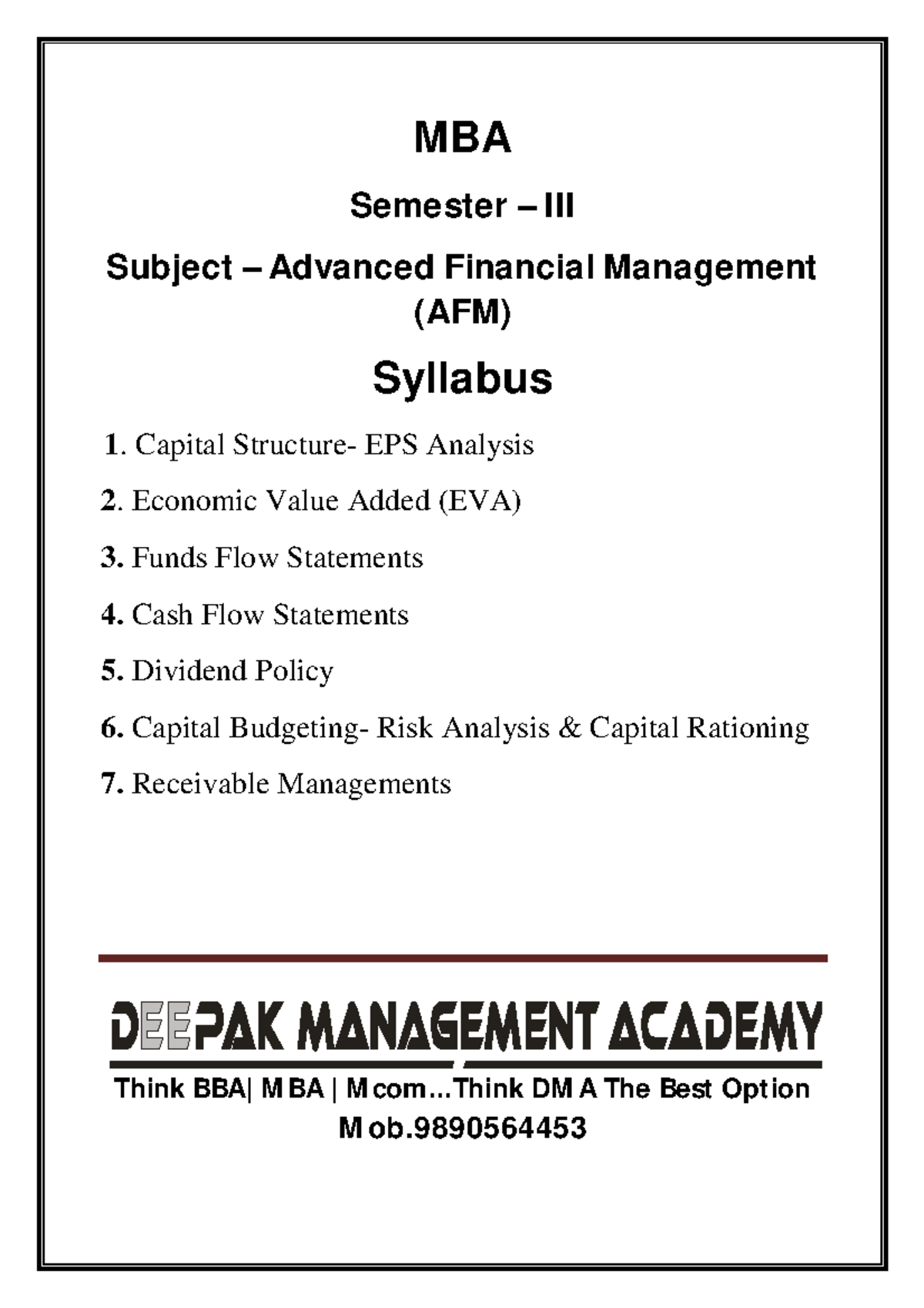 Syllabus - MBA Sem III Advanced Financial Management AFM - Think BBA ...