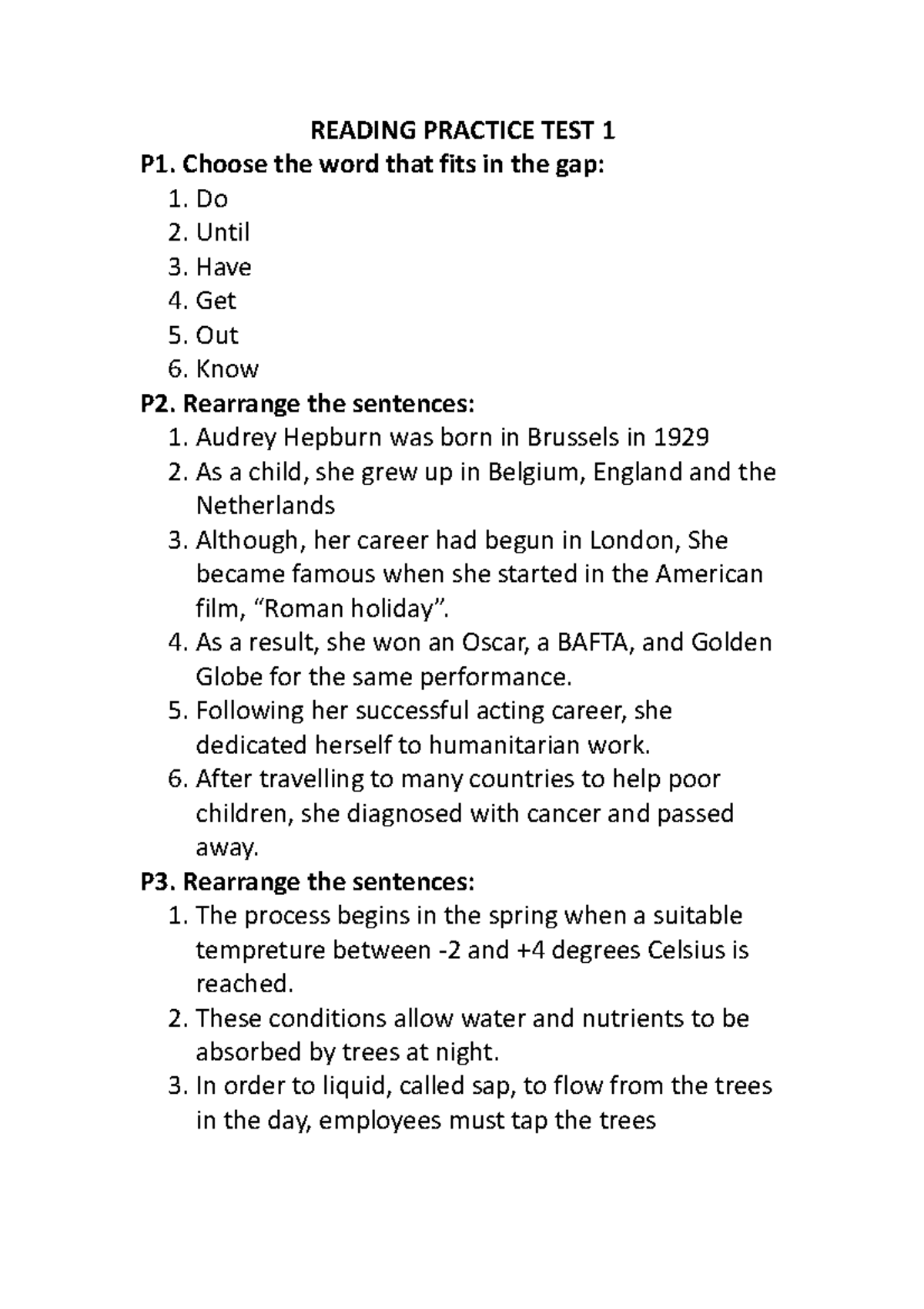 Reading Practice TEST 1 2 KEY READING PRACTICE TEST 1 P1. Choose the