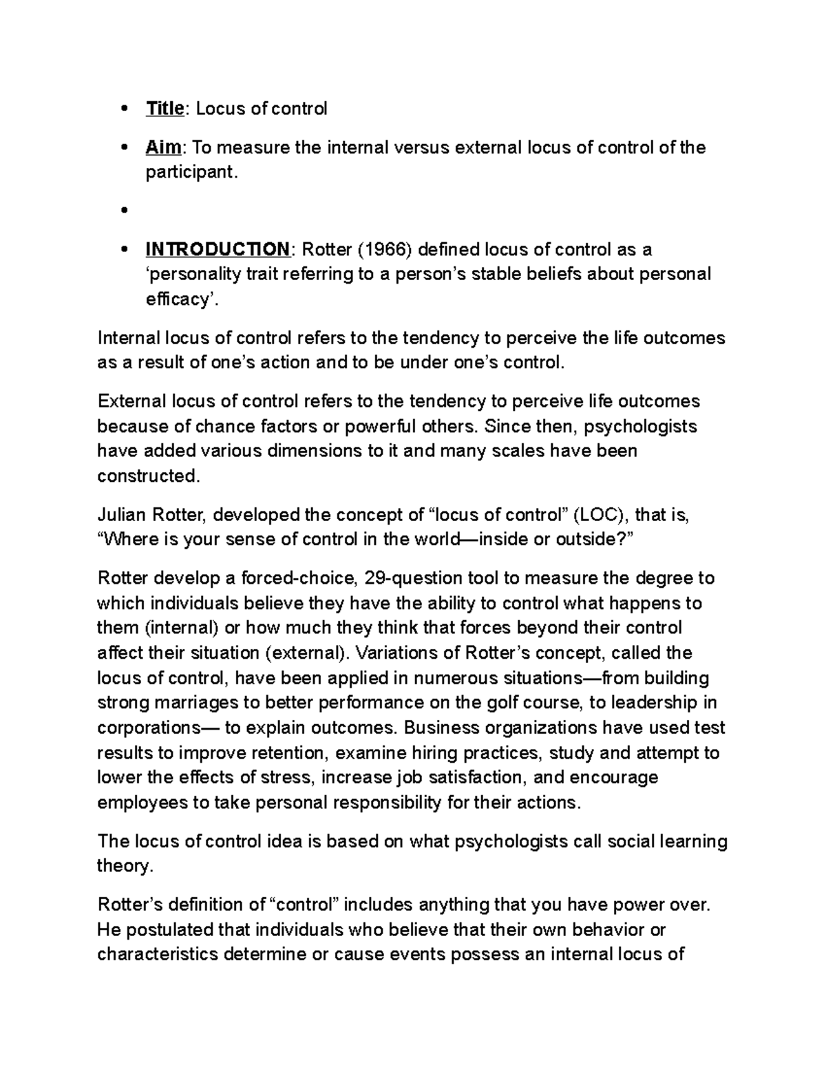 Locus of control 1 - gtkyu - Title : Locus of control Aim : To measure ...