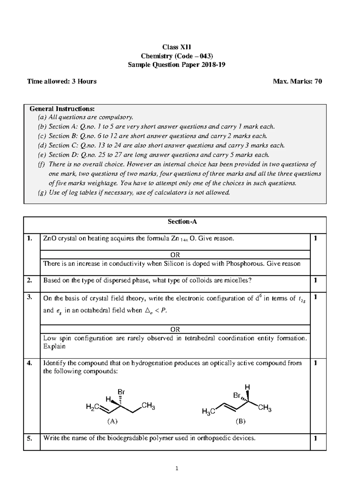 Chemistry Sample Question Paper 2018 - Chemistry (Theory) Time Allowed ...