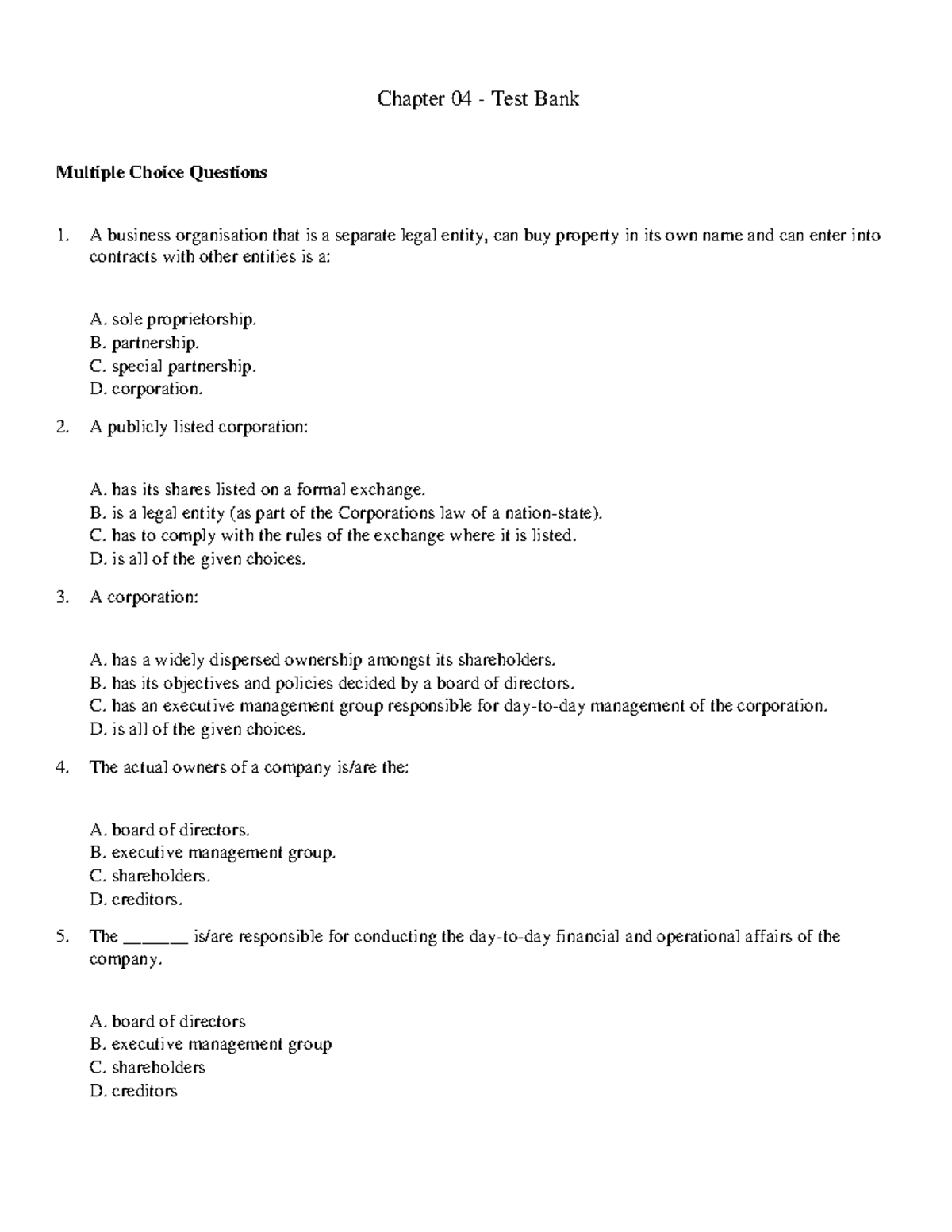 Chapter 04 Test Bank - Chapter 04 - Test Bank Multiple Choice Questions ...