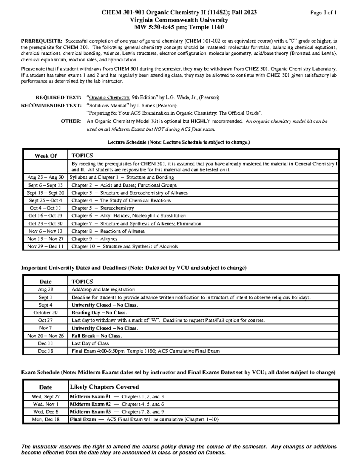 VCU CHEM 301901 Fa23 Organic Chemistry Lecture and Exam Schedule