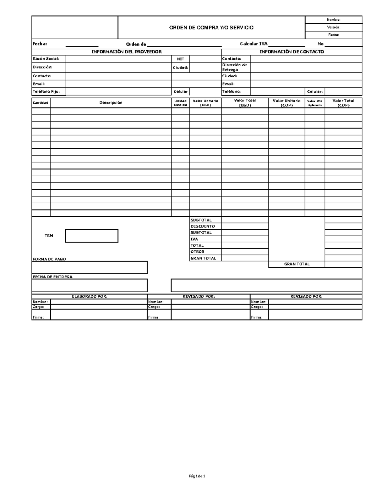 Orden Compra Servicio - Formato - Orden de No NIT Ciudad: Celular ...