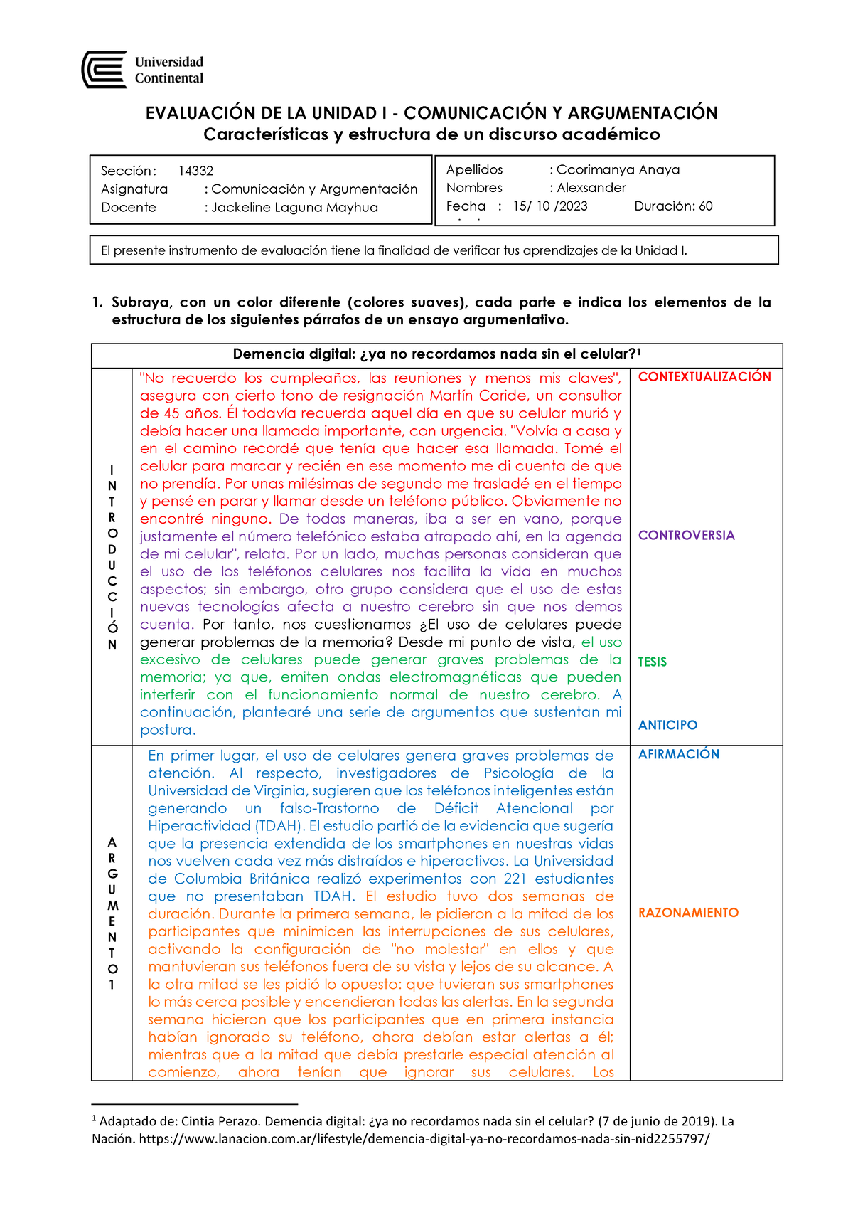 Evaluación Unidad I - EVALUACI”N DE LA UNIDAD I - COMUNICACI”N Y ...