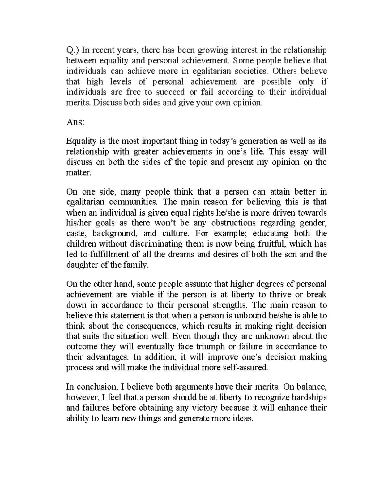 Writing task 2 on gender equality - Q.) In recent years, there has been ...