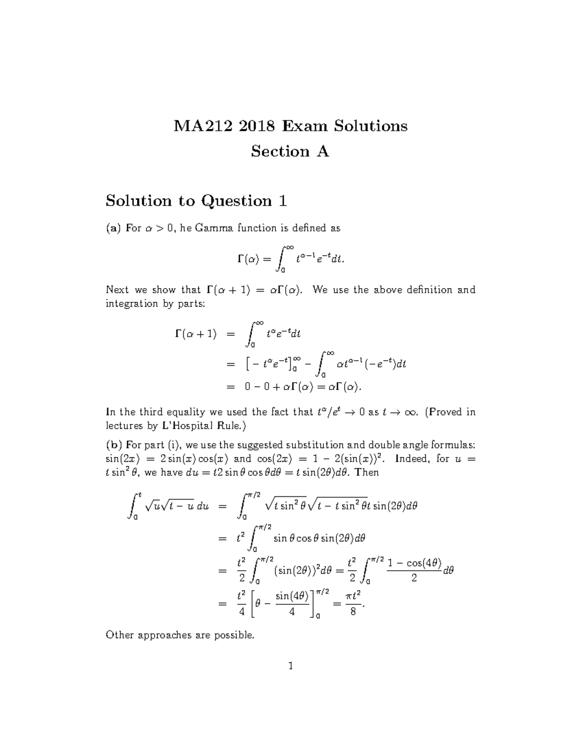 2018-MA212 Solutions - MA212 2018 Exam Solutions Section A Solution To ...