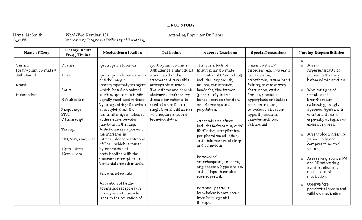 DRUG- Study-DOB - Drug study - DRUG STUDY Name: Mr Smith Ward/Bed ...