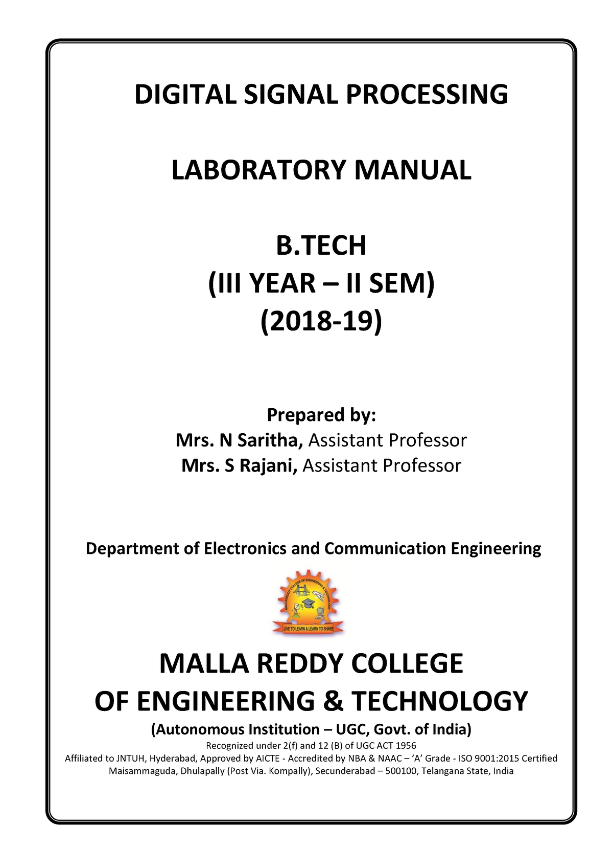 Digital Signal Processing Lab Manual - DIGITAL SIGNAL PROCESSING ...