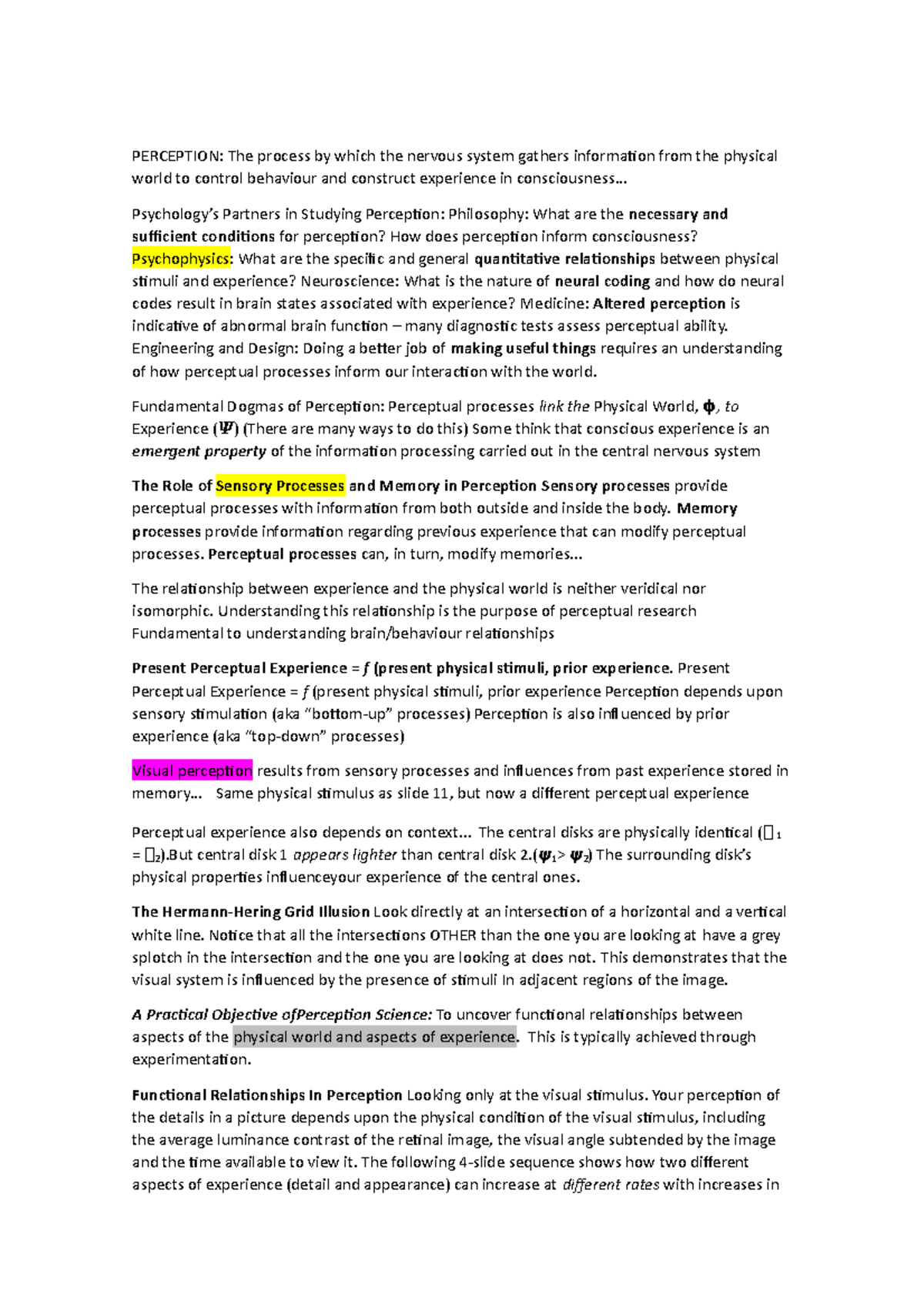 Resumenes Midterm 1 - PERCEPTION: The process by which the nervous ...