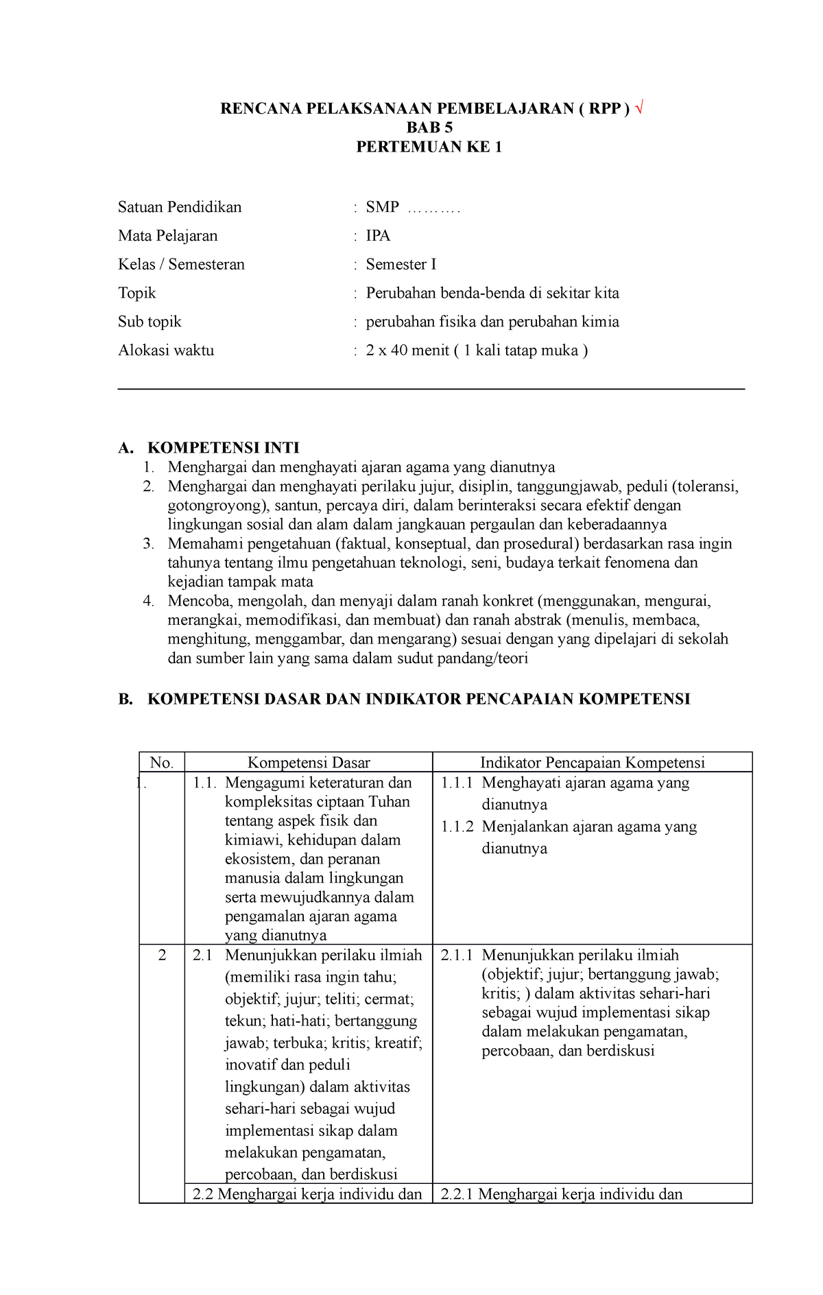 RPP BAB 5 Pertemuan 1 Ok - RENCANA PELAKSANAAN PEMBELAJARAN ( RPP ) √ ...