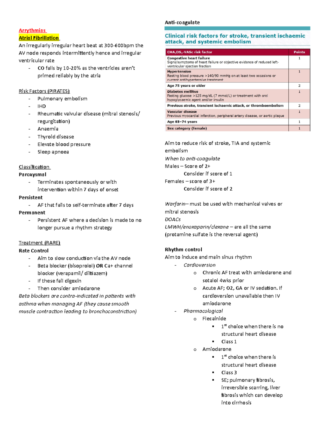 Arrythmias - Summary notes - Arrythmias Atrial Fibrillation An ...