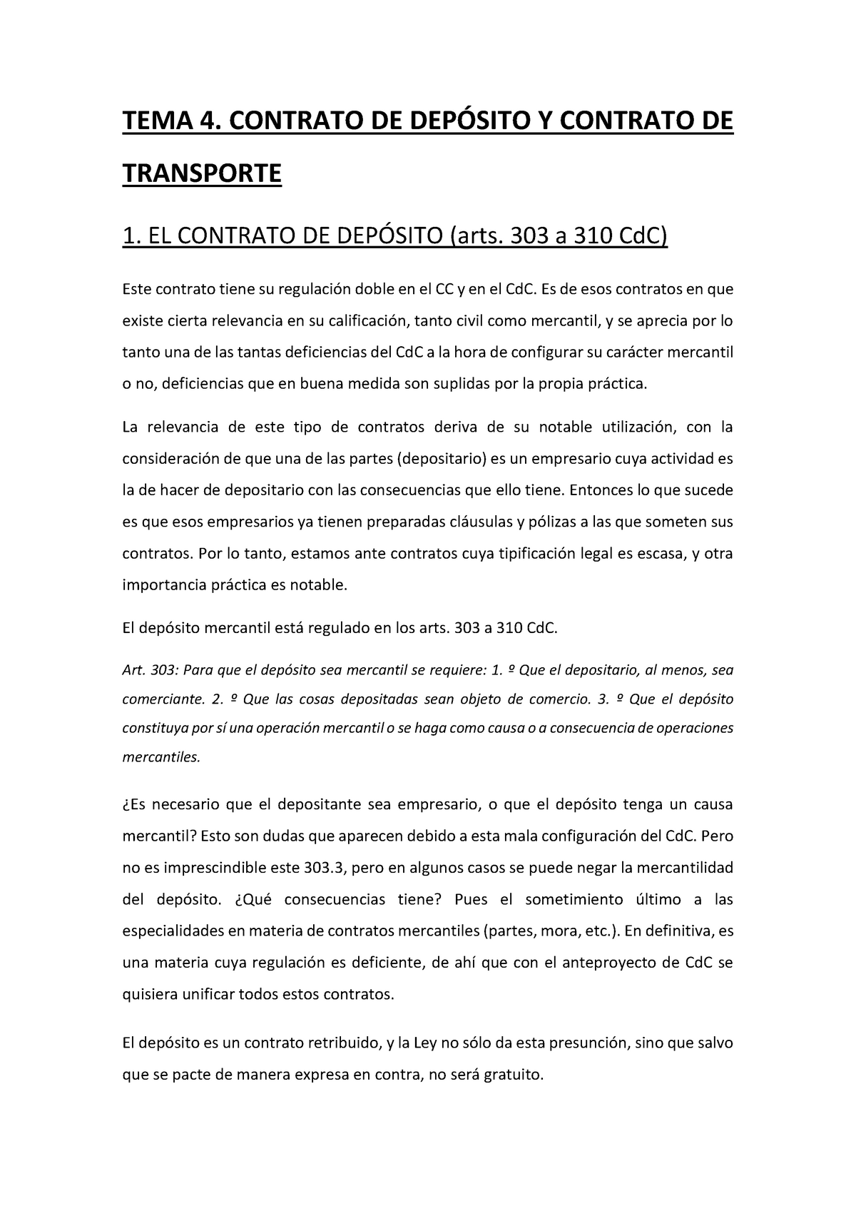 Tema 4 Contrato de depósito y contrato de transporte